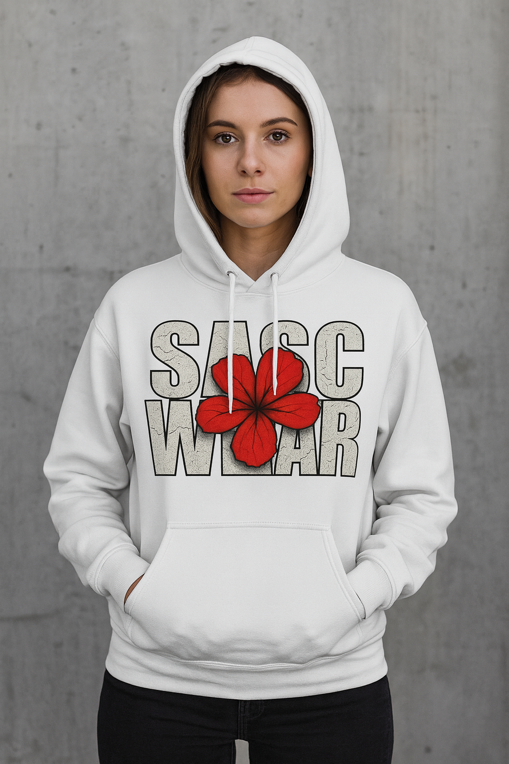 White SASC WEAR hoodie with red flower graphic