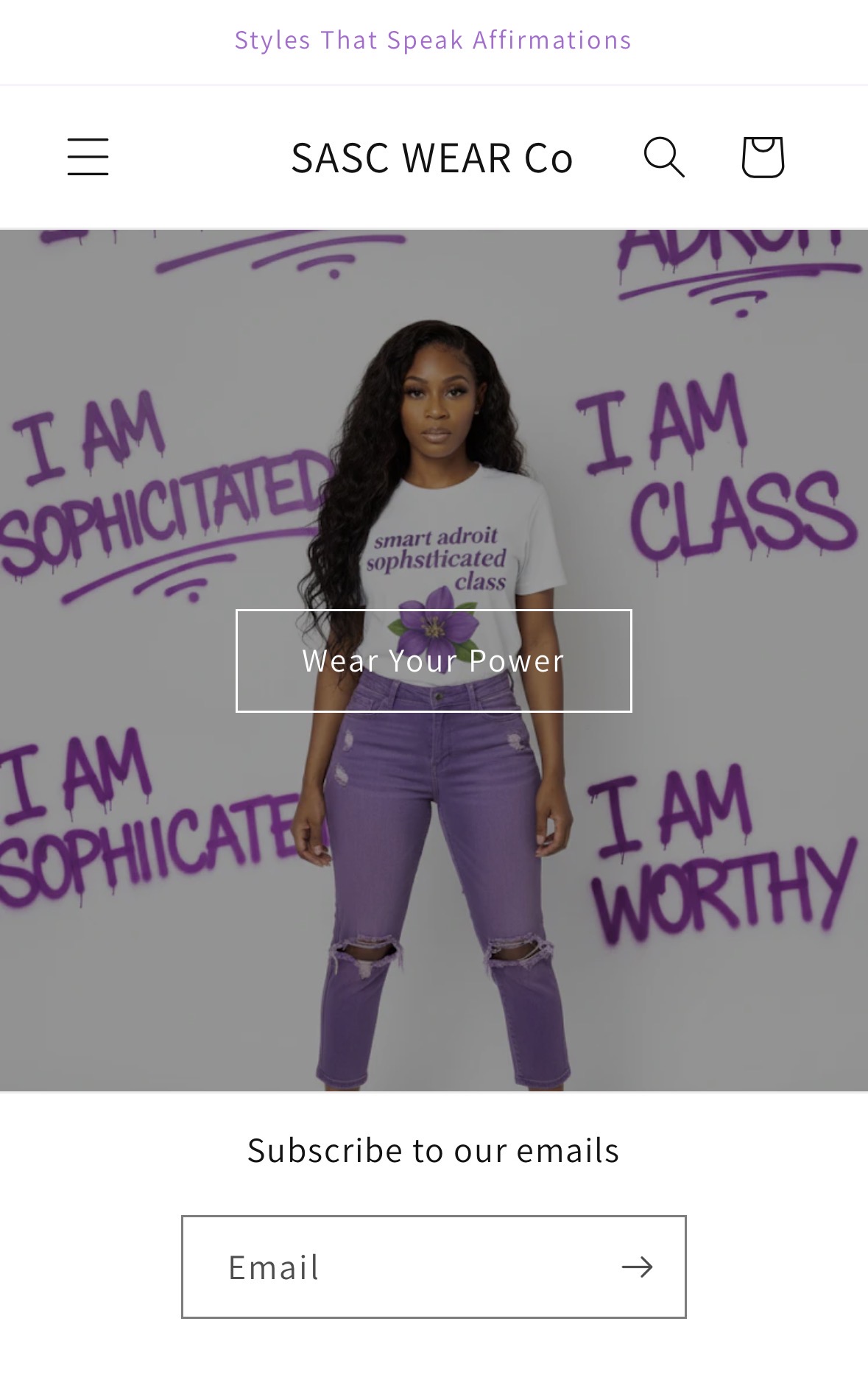 SASC WEAR Co. online store homepage with affirmation apparel and email signup