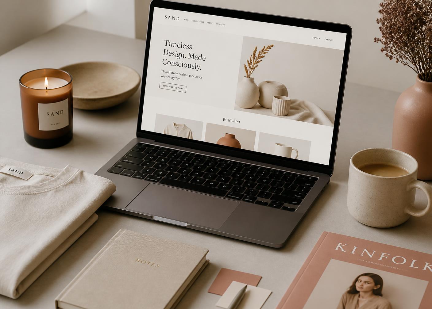 Creative studio desk with a laptop showing a clean online store, a candle, mug and folded tee